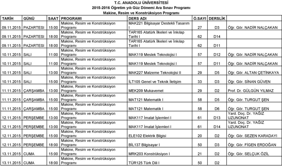 Gör. ALTAN ÇETİNKAYA 10.11.2015 SALI 15:00 İLT105 Genel ve Teknik İletişim 33 D3 Öğr. Gör. SİNAN GÜVEN 11.11.2015 ÇARŞAMBA 13:00 MEK209 Mukavemet 29 D2 Prof. Dr.