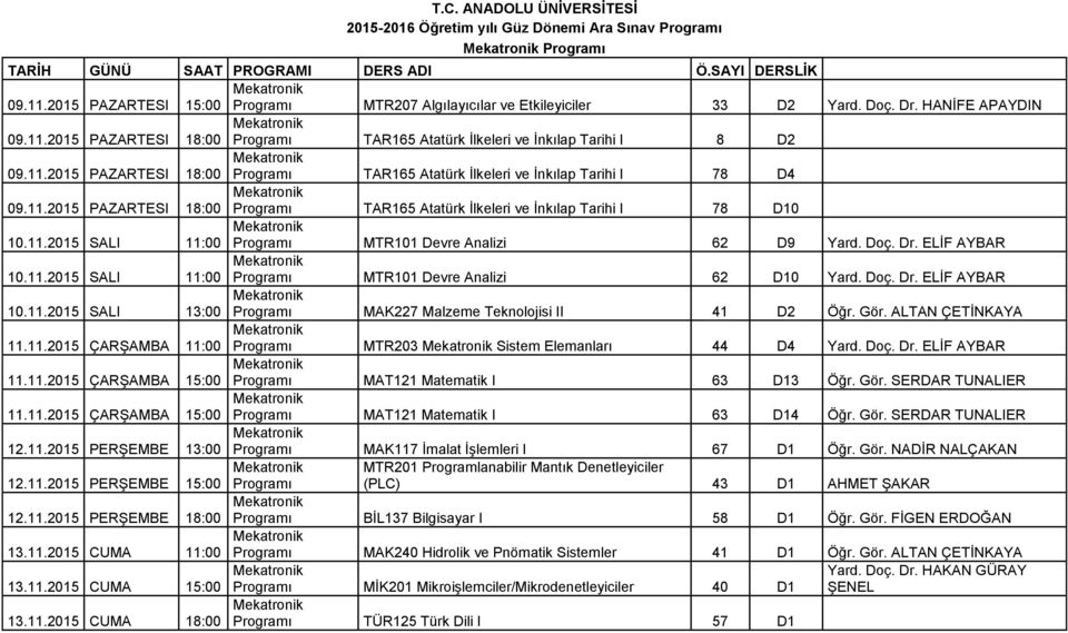 2015 SALI 11:00 MTR101 Devre Analizi 62 D9 Yard. Doç. Dr. ELİF AYBAR 10.11.2015 SALI 11:00 MTR101 Devre Analizi 62 D10 Yard. Doç. Dr. ELİF AYBAR 10.11.2015 SALI 13:00 MAK227 Malzeme Teknolojisi II 41 D2 Öğr.