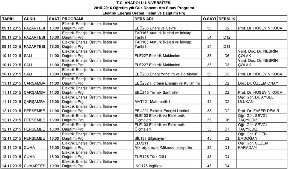 2015 SALI 11:00 Dağıtımı Prg ELE227 Elektrik Makineleri 35 D6 Yard. Doç. Dr. NESRİN ÇOLAK 10.11.2015 SALI 11:00 Dağıtımı Prg ELE227 Elektrik Makineleri 35 D5 Yard. Doç. Dr. NESRİN ÇOLAK 10.11.2015 SALI 13:00 Dağıtımı Prg EEÜ208 Enerji Yönetim ve Politikaları 33 D3 Prof.