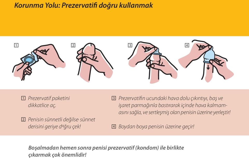 3 Prezervatifin ucundaki hava dolu çıkıntıyı, baş ve işaret parmağınla bastırarak içinde hava kalmamasını