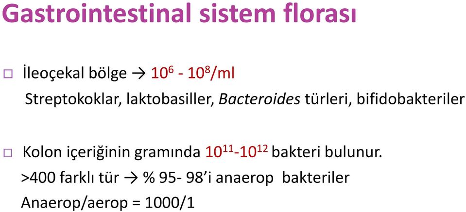 bifidobakteriler Kolon içeriğinin gramında 10 11-10 12 bakteri