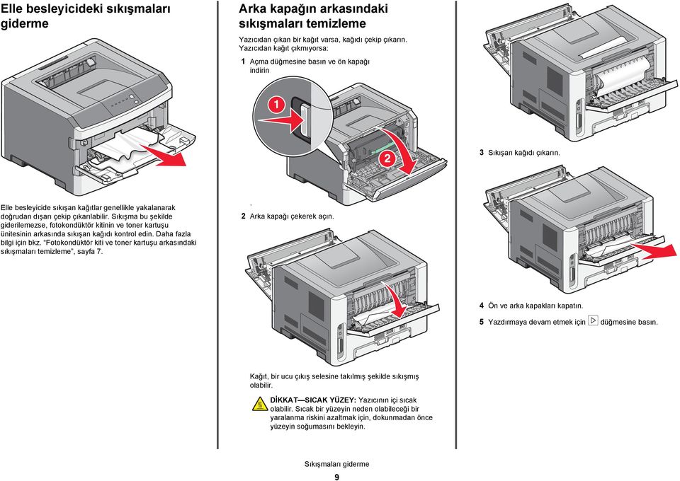 Sıkışma bu şekilde giderilemezse, fotokondüktör kitinin ve toner kartuşu ünitesinin arkasında sıkışan kağıdı kontrol edin. Daha fazla bilgi için bkz.