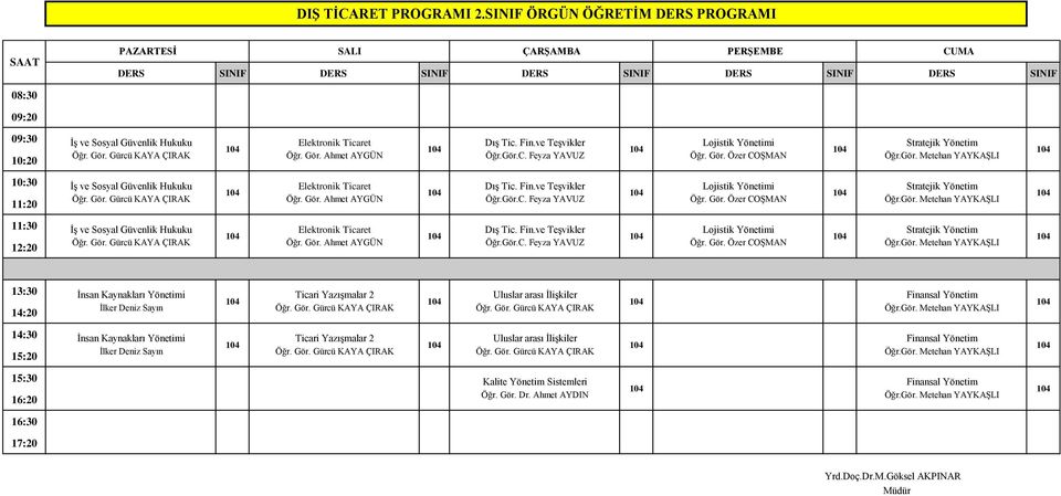Fin.ve Teşvikler Lojistik Yönetimi Stratejik Yönetim Öğr. Gör. Gürcü KAYA ÇIRAK Öğr. Gör. Ahmet AYGÜN Öğr.Gör.C. Feyza YAVUZ Öğr. Gör. Özer COŞMAN Öğr.Gör. Metehan YAYKAŞLI 11:30 İş ve Sosyal Güvenlik Hukuku Elektronik Ticaret Dış Tic.