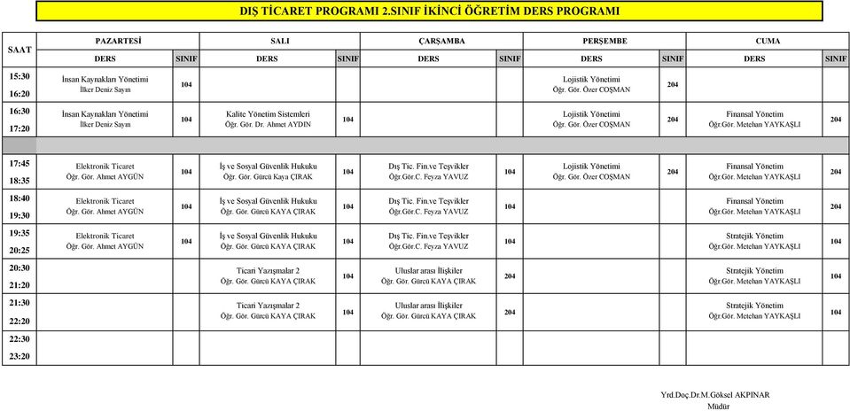 Dr. Ahmet AYDIN Öğr. Gör. Özer COŞMAN Öğr.Gör. Metehan YAYKAŞLI 17:45 Elektronik Ticaret İş ve Sosyal Güvenlik Hukuku Dış Tic. Fin.ve Teşvikler Lojistik Yönetimi Finansal Yönetim Öğr. Gör. Ahmet AYGÜN Öğr.