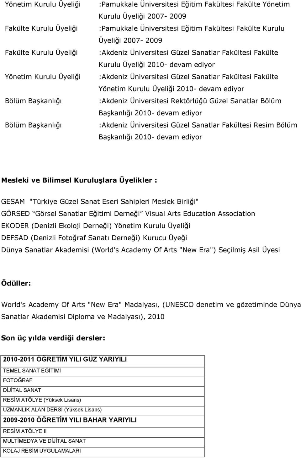 Güzel Sanatlar Fakültesi Fakülte Yönetim Kurulu Üyeliği 2010- devam ediyor :Akdeniz Üniversitesi Rektörlüğü Güzel Sanatlar Bölüm BaĢkanlığı 2010- devam ediyor :Akdeniz Üniversitesi Güzel Sanatlar