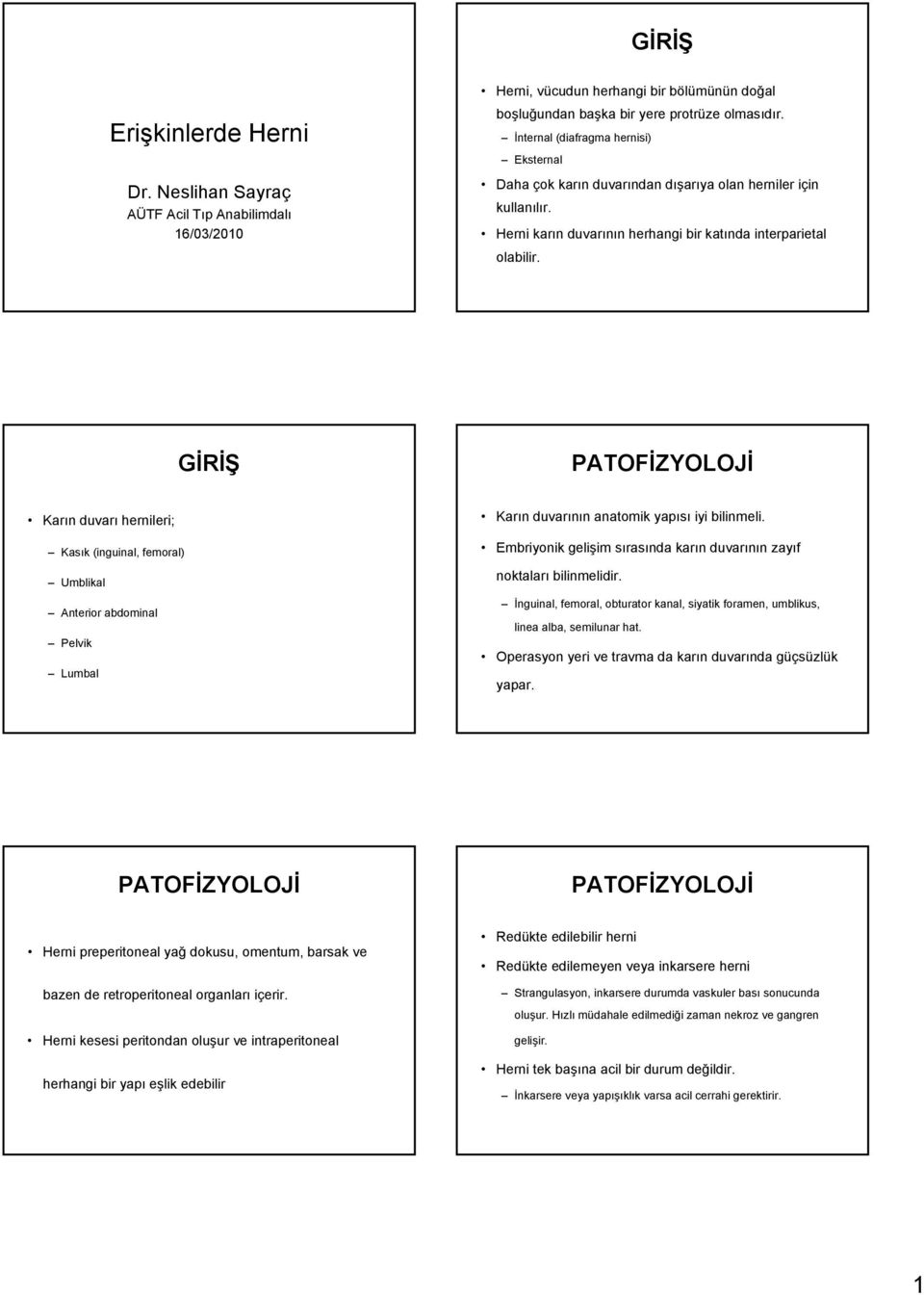 GİRİŞ PATOFİZYOLOJİ Karın duvarı hernileri; Kasık (inguinal, femoral) Umblikal Anterior abdominal Pelvik Lumbal Karın duvarının anatomik yapısı iyi bilinmeli.