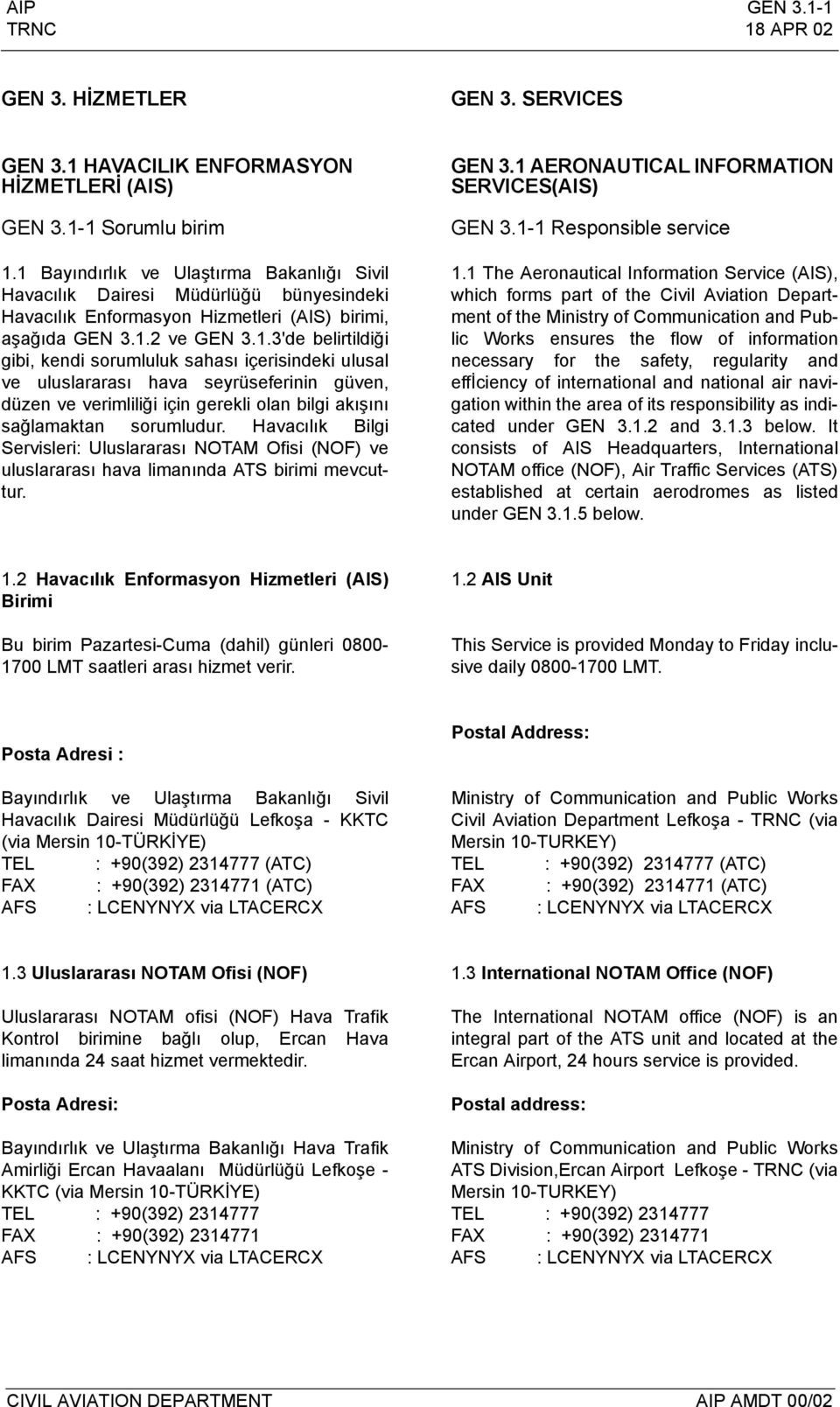 Havacılık Bilgi Servisleri: Uluslararası NOTAM Ofisi (NOF) ve uluslararası hava limanında ATS birimi mevcuttur. GEN 3.1 AERONAUTICAL INFORMATION SERVICES(AIS) GEN 3.1-1 Responsible service 1.