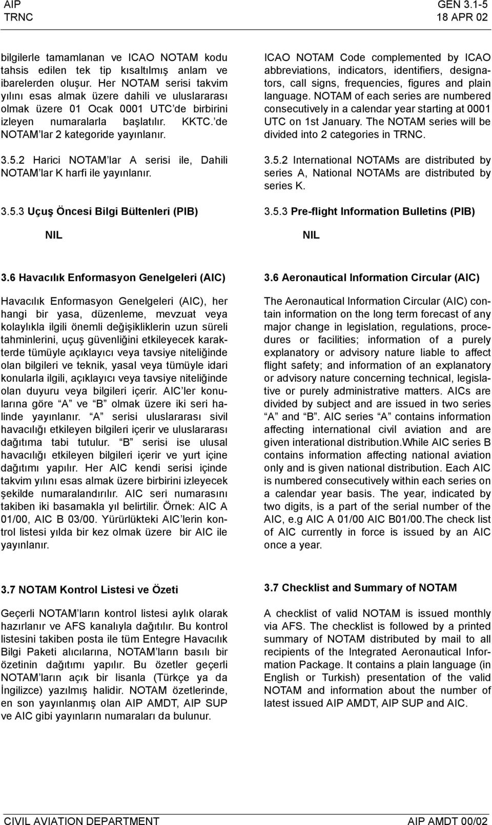 2 Harici NOTAM lar A serisi ile, Dahili NOTAM lar K harfi ile yayınlanır. 3.5.