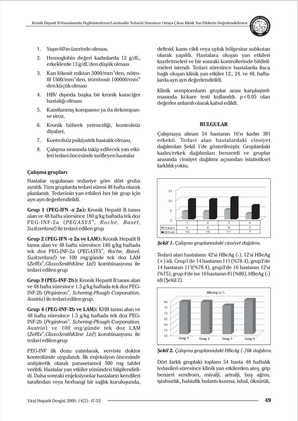 olması HBV dışında başka bir kronik karaciğer hastalığı olması Kanıtlanmış kompanse ya da dekompanse siroz, Kronik böbrek yetmezliği, kontrolsüz diyabet, Kontrolsüz psikiyatrik hastalık olması,