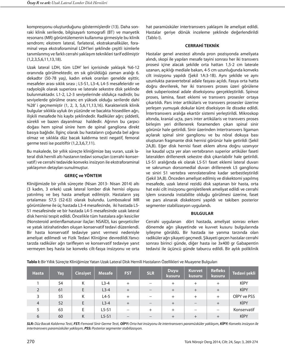 veya ekstraforaminal LDH leri şeklinde çeşitli isimlerle tanımlanmış ve farklı cerrahi yaklaşım teknikleri tarif edilmiştir (1,2,3,5,6,11,13,18).