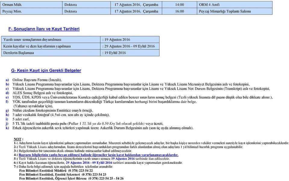 kayıtlarının yapılması : 29 Ağustos 2016-09 Eylül 2016 Derslerin Başlaması : 19 Eylül 2016 G- Kesin Kayıt için Gerekli Belgeler a) Online Başvuru Formu (İmzalı), b) Yüksek Lisans Programına