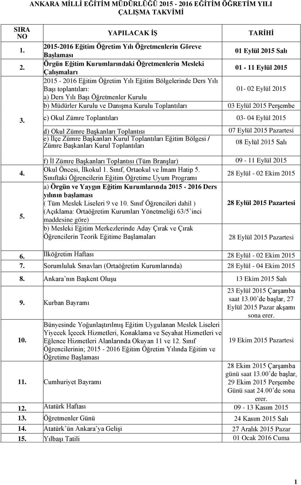 Öğretim Yılı Eğitim Bölgelerinde Ders Yılı Başı toplantıları: 01-02 Eylül 2015 a) Ders Yılı Başı Öğretmenler Kurulu b) Müdürler Kurulu ve Danışma Kurulu Toplantıları 03 Eylül 2015 Perşembe c) Okul