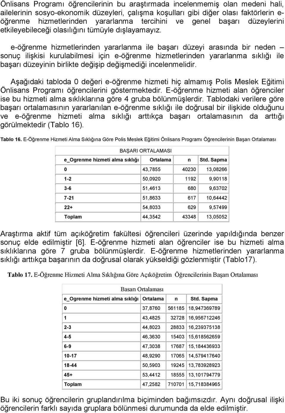 e-öğrenme hizmetlerinden yararlanma ile başarı düzeyi arasında bir neden sonuç ilişkisi kurulabilmesi için e-öğrenme hizmetlerinden yararlanma sıklığı ile başarı düzeyinin birlikte değişip