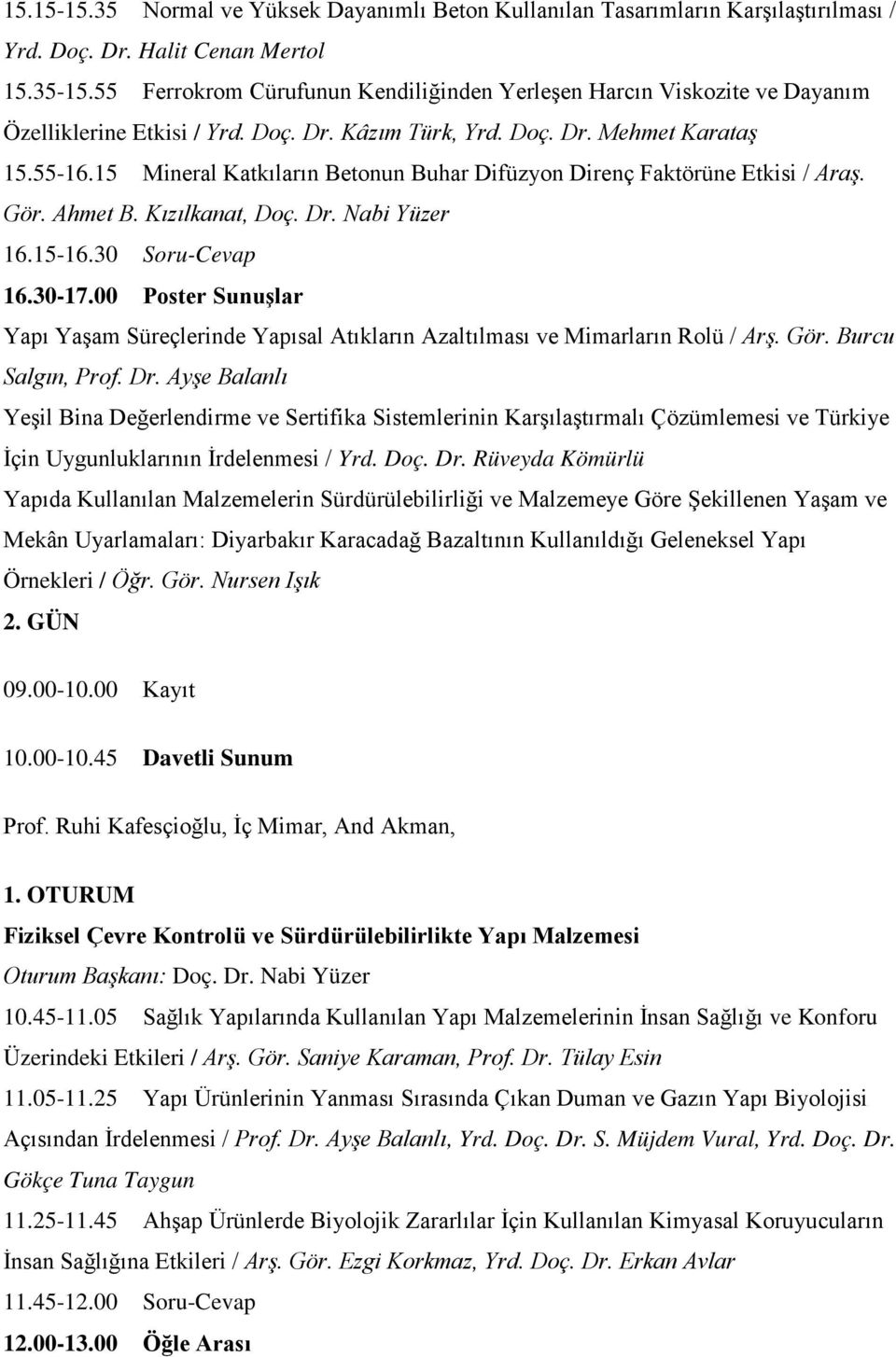 15 Mineral Katkıların Betonun Buhar Difüzyon Direnç Faktörüne Etkisi / Araş. Gör. Ahmet B. Kızılkanat, Doç. Dr. Nabi Yüzer 16.15-16.30 Soru-Cevap 16.30-17.