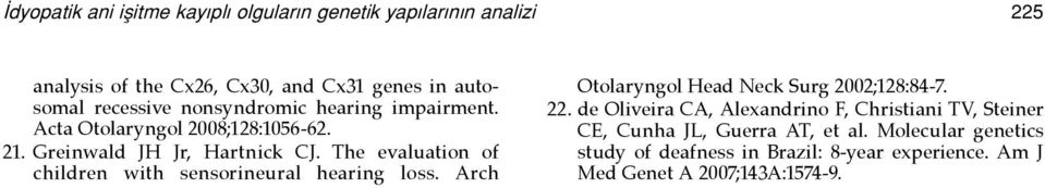 The evaluation of children with sensorineural hearing loss. Arch Otolaryngol Head Neck Surg 2002;128:84-7. 22.