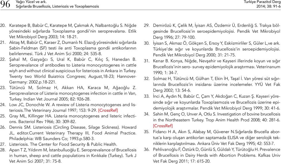 Elazığ yöresindeki sığırlarda Sabin-Feldman (SF) testi ile anti Toxoplasma gondii antikorlarının belirlenmesi. Türk J Vet Anim Sci 2000; 24: 535-8. 22.