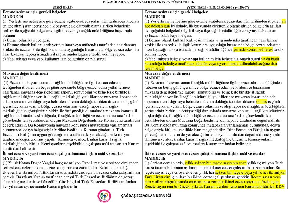 a) Eczacı odası kayıt belgesi, b) Eczane olarak kullanılacak yerin mimar veya mühendis tarafından hazırlanmış krokisi ile eczacılık ile ilgili kanunlara uygunluğu hususunda bölge eczacı odasının