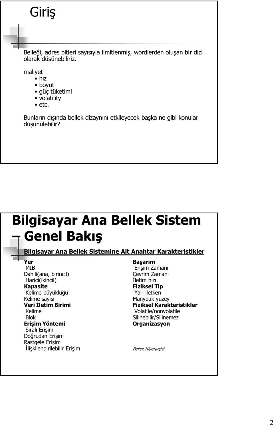 Bilgisayar Ana Bellek Sistem Genel Bakış Bilgisayar Ana Bellek Sistemine Ait Anahtar Karakteristikler Yer MİB Dahili(ana, birincil) Harici(ikincil) Kapasite Kelime büyüklüğü Kelime