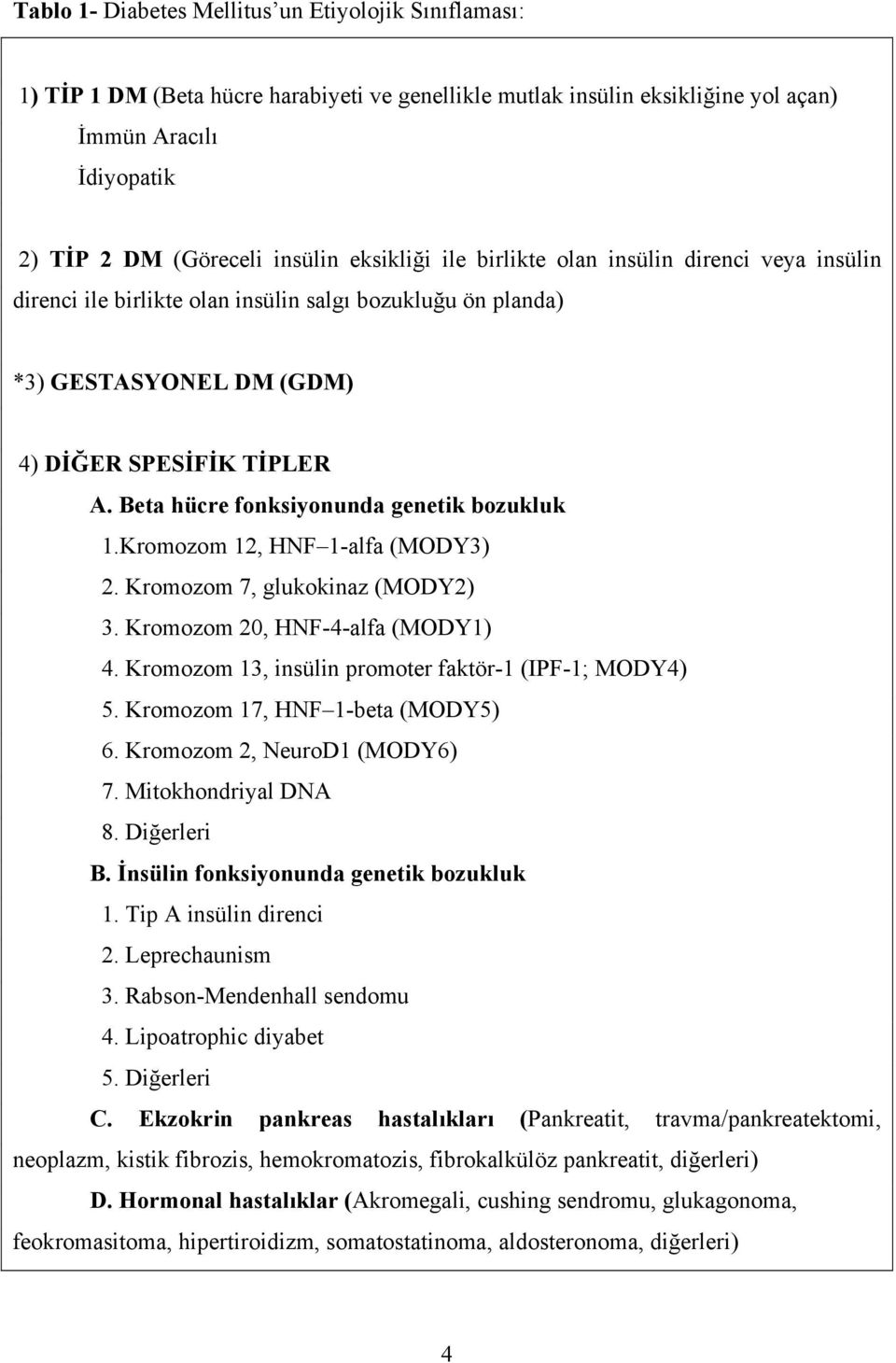 Beta hücre fonksiyonunda genetik bozukluk 1.Kromozom 12, HNF 1-alfa (MODY3) 2. Kromozom 7, glukokinaz (MODY2) 3. Kromozom 20, HNF-4-alfa (MODY1) 4.