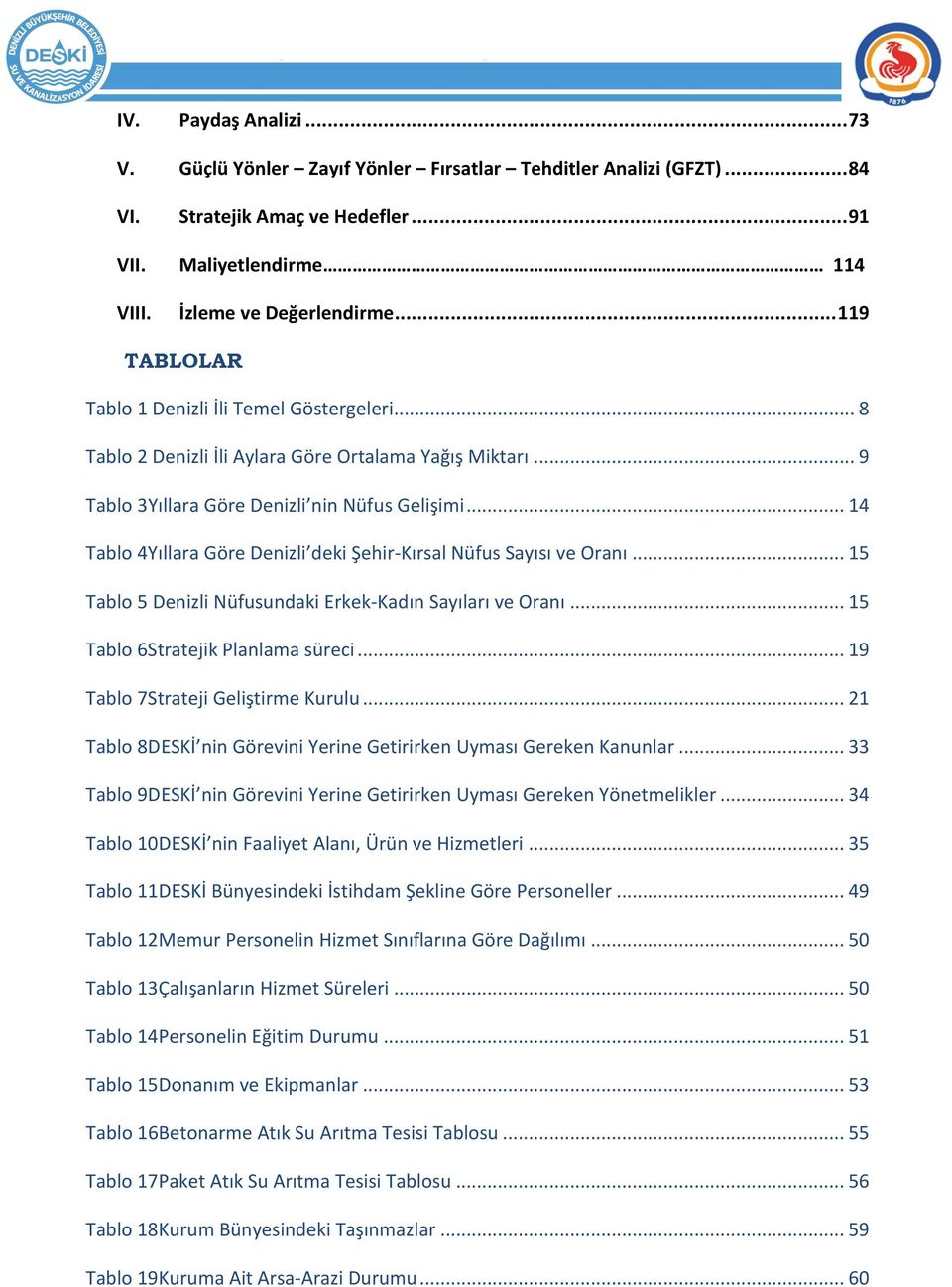 .. 14 Tablo 4Yıllara Göre Denizli deki Şehir-Kırsal Nüfus Sayısı ve Oranı... 15 Tablo 5 Denizli Nüfusundaki Erkek-Kadın Sayıları ve Oranı... 15 Tablo 6Stratejik Planlama süreci.