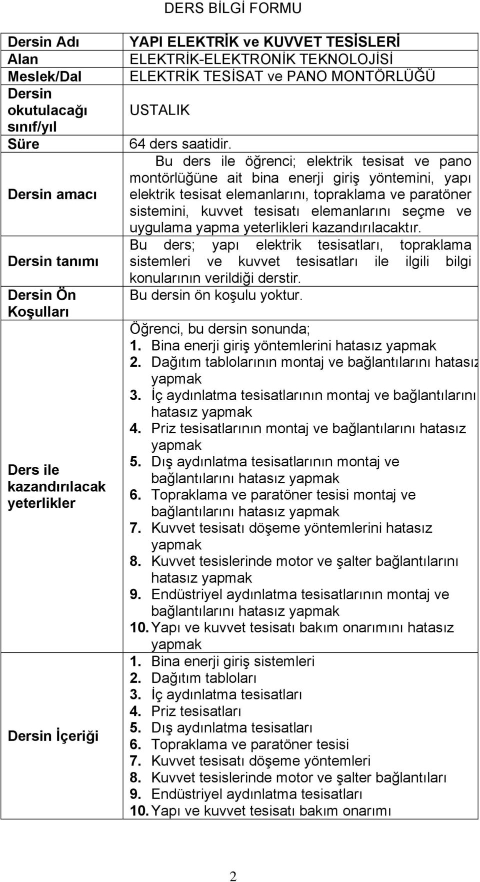 Bu ders ile öğrenci; elektrik tesisat ve pano montörlüğüne ait bina enerji giriş yöntemini, yapı elektrik tesisat elemanlarını, topraklama ve paratöner sistemini, kuvvet tesisatı elemanlarını seçme