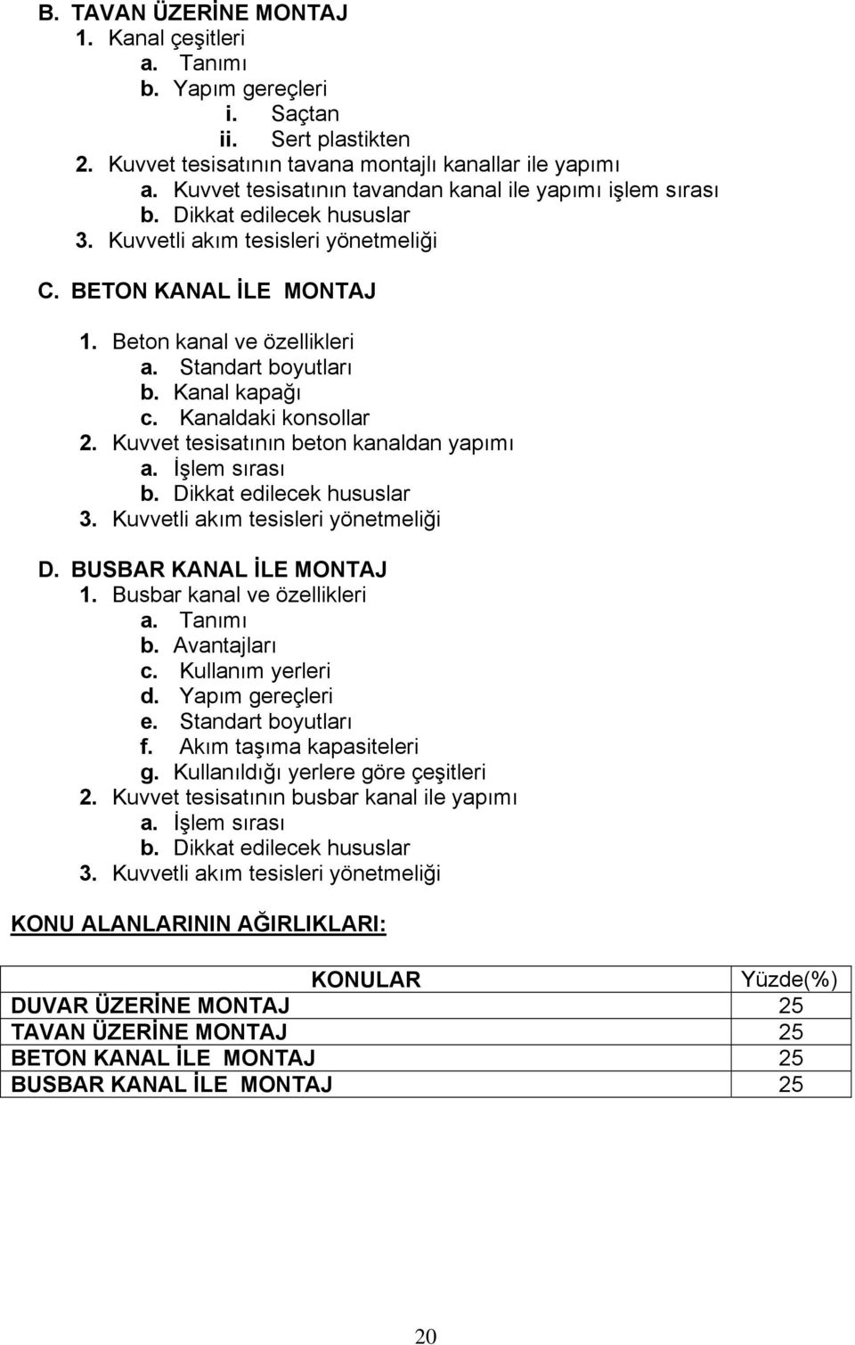 Kanaldaki konsollar 2. Kuvvet tesisatının beton kanaldan yapımı a. İşlem sırası 3. Kuvvetli akım tesisleri yönetmeliği D. BUSBAR KANAL İLE MONTAJ 1. Busbar kanal ve özellikleri b. Avantajları c.