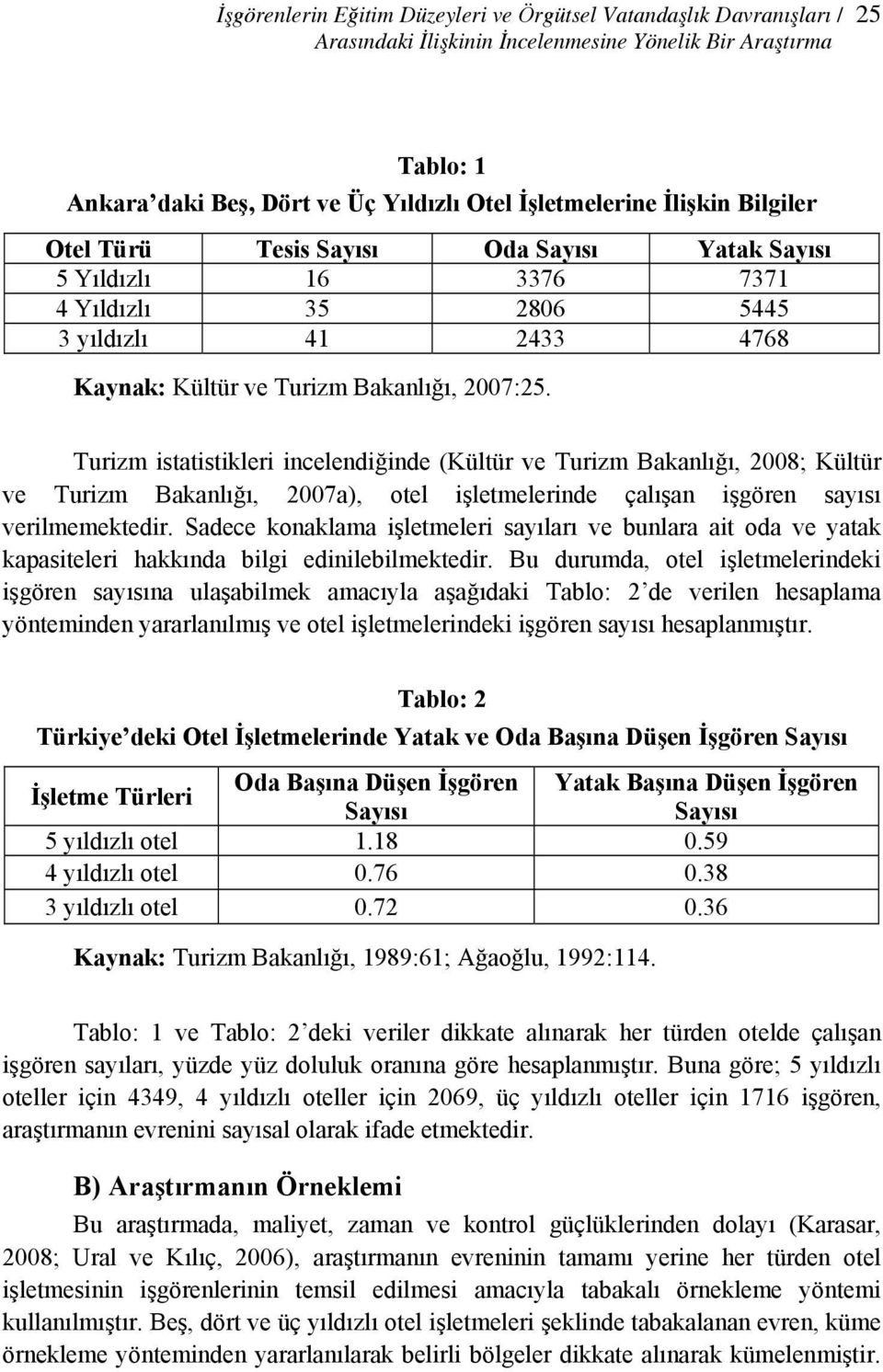 Turizm istatistikleri incelendiğinde (Kültür ve Turizm Bakanlığı, 2008; Kültür ve Turizm Bakanlığı, 2007a), otel işletmelerinde çalışan işgören sayısı verilmemektedir.