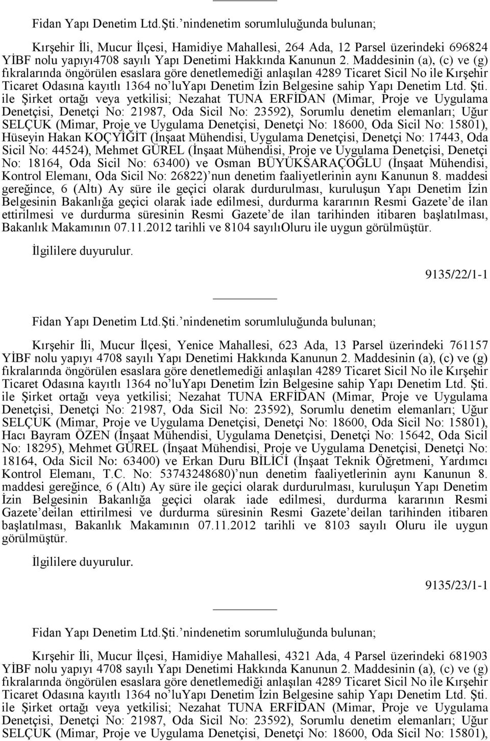 Maddesinin (a), (c) ve (g) fıkralarında öngörülen esaslara göre denetlemediği anlaşılan 4289 Ticaret Sicil No ile Kırşehir Ticaret Odasına kayıtlı 1364 no luyapı Denetim İzin Belgesine sahip Yapı