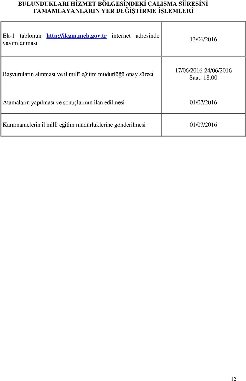 tr internet adresinde yayımlanması 13/06/2016 Başvuruların alınması ve il millî eğitim müdürlüğü