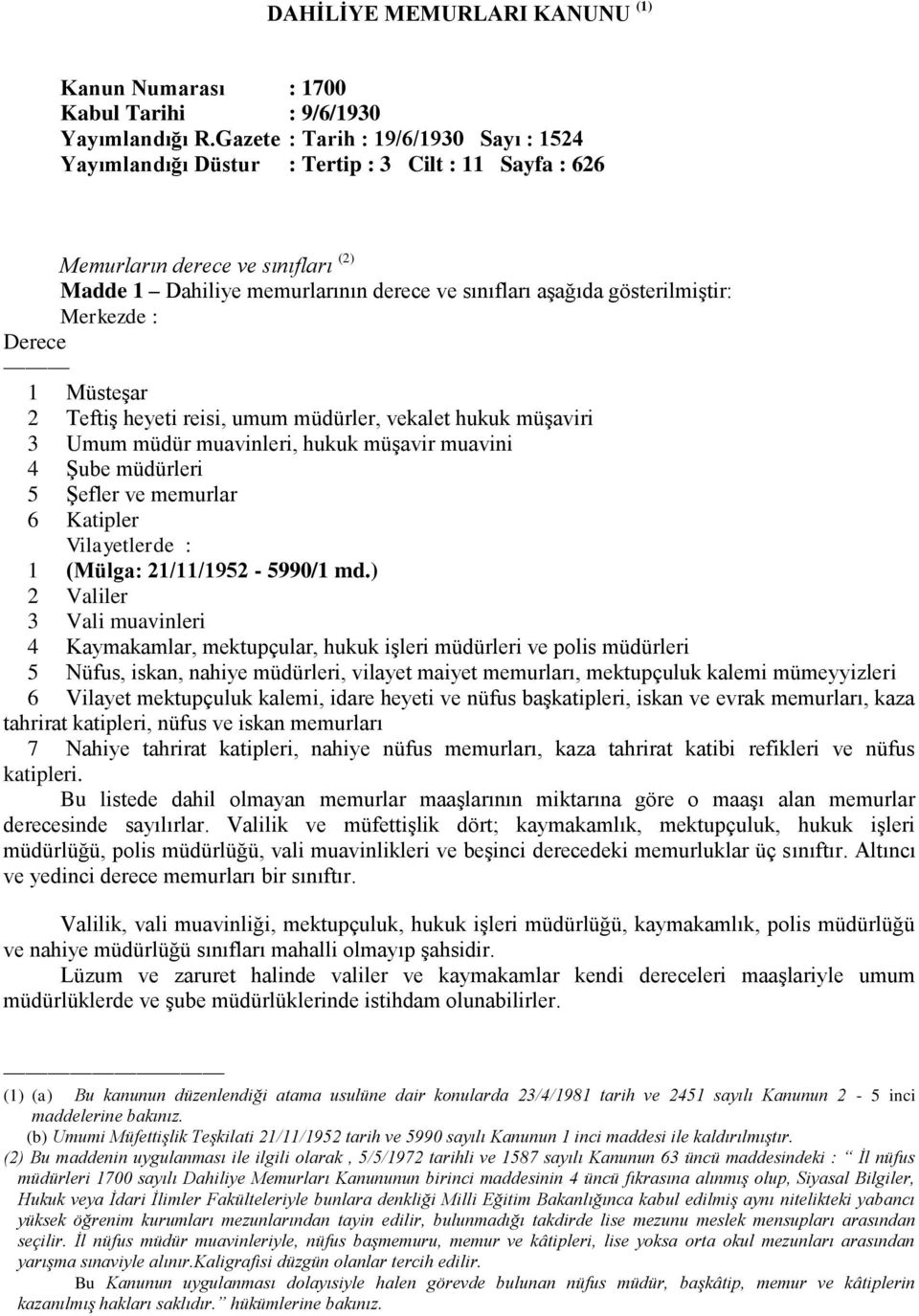 gösterilmiştir: Merkezde : Derece 1 Müsteşar 2 Teftiş heyeti reisi, umum müdürler, vekalet hukuk müşaviri 3 Umum müdür muavinleri, hukuk müşavir muavini 4 Şube müdürleri 5 Şefler ve memurlar 6