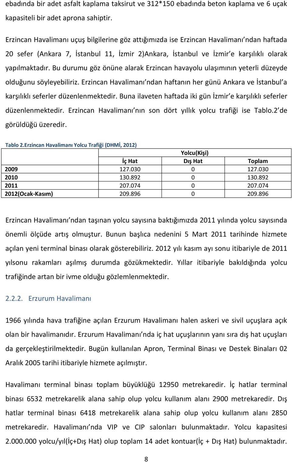 Bu durumu göz önüne alarak Erzincan havayolu ulaşımının yeterli düzeyde olduğunu söyleyebiliriz. Erzincan Havalimanı ndan haftanın her günü Ankara ve İstanbul a karşılıklı seferler düzenlenmektedir.