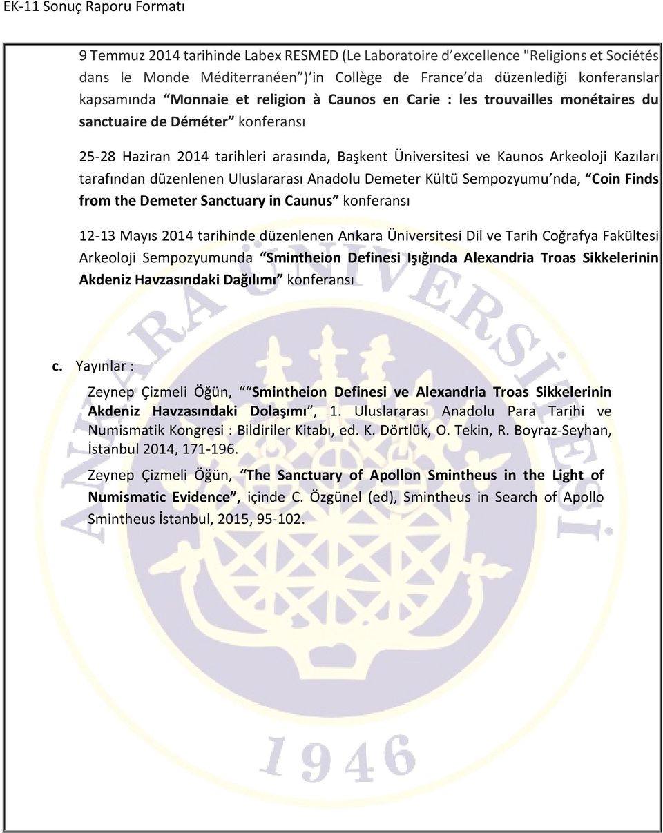 Uluslararası Anadolu Demeter Kültü Sempozyumu nda, Coin Finds from the Demeter Sanctuary in Caunus konferansı 12-13 Mayıs 2014 tarihinde düzenlenen Ankara Üniversitesi Dil ve Tarih Coğrafya Fakültesi