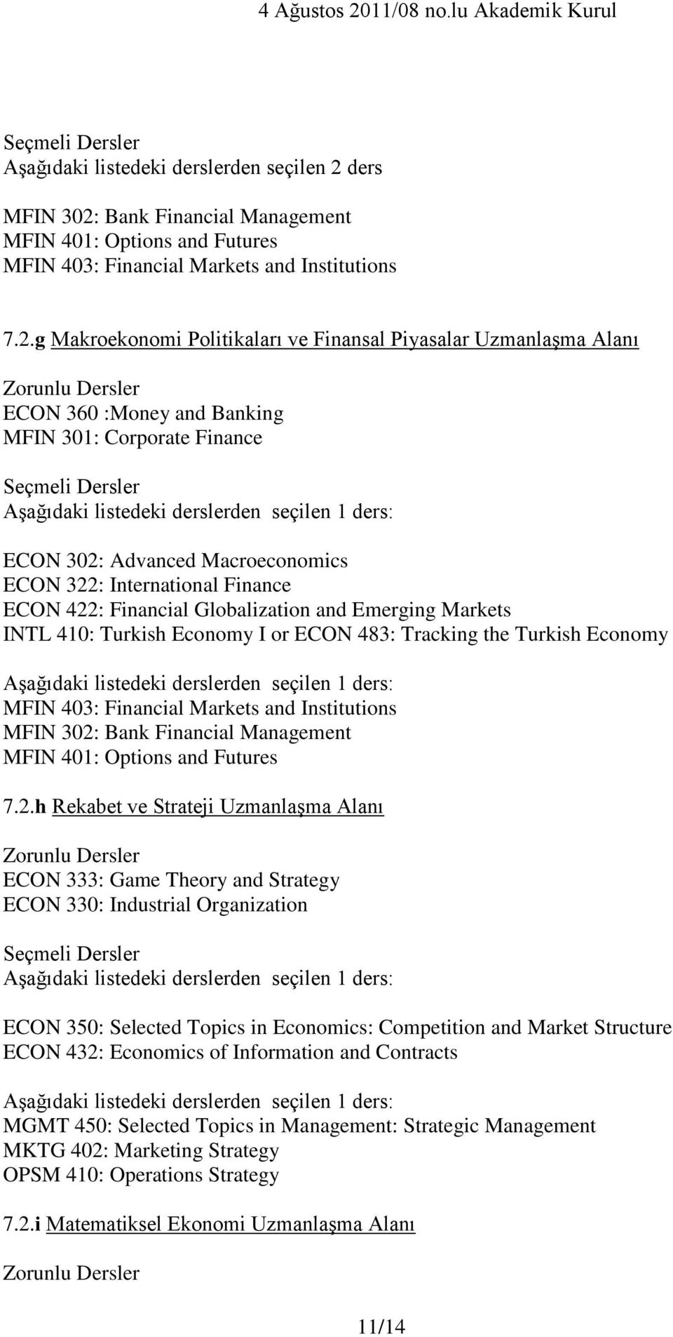 Bank Financial Management MFIN 401: Options and Futures MFIN 403: Financial Markets and Institutions 7.2.