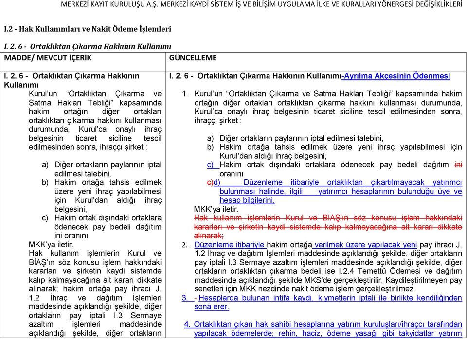 6 - Ortaklıktan Çıkarma Hakkının Kullanımı Kurul un Ortaklıktan Çıkarma ve Satma Hakları Tebliği kapsamında hakim ortağın diğer ortakları ortaklıktan çıkarma hakkını kullanması durumunda, Kurul ca