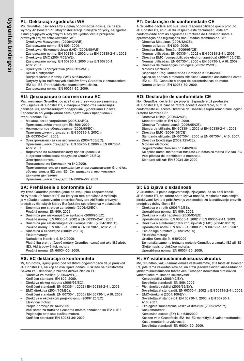 Zastosowane normy: EN 60335-1: 2002 oraz EN 60335-2-41: 2003. Dyrektywa EMC (2004/108/WE). Zastosowane normy: EN 60730-1: 2000 oraz EN 60730-1, A16: 2007. Dyrektywa Ekoprojektowa (2009/125/WE).