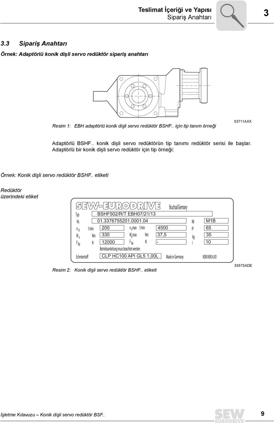 . için tip tanım örneği 53711AXX Adaptörlü BSHF.. konik dişli servo redüktörün tip tanımı redüktör serisi ile başlar.