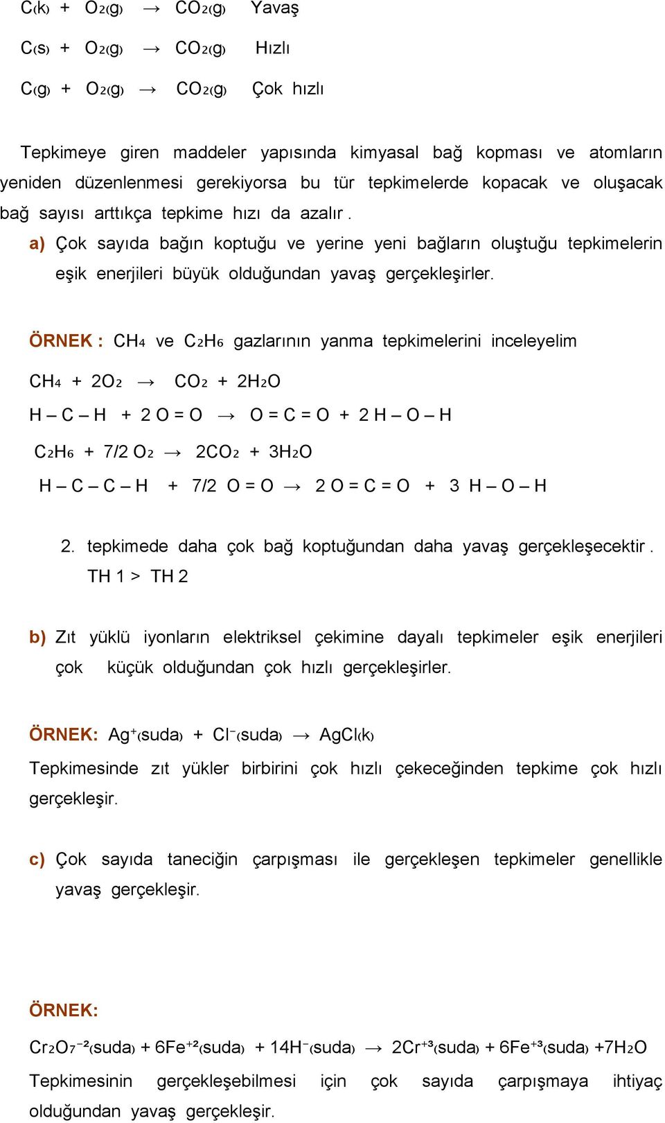 a) Çok sayıda bağın koptuğu ve yerine yeni bağların oluştuğu tepkimelerin eşik enerjileri büyük olduğundan yavaş gerçekleşirler.