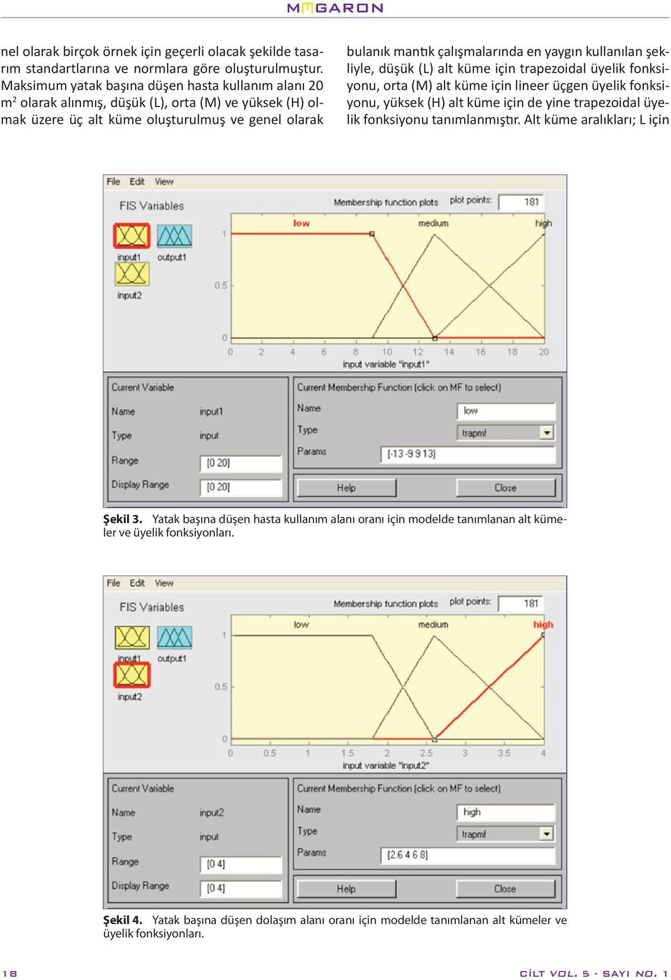 kullanılan şekliyle, düşük (L) alt küme için trapezoidal üyelik fonksiyonu, orta (M) alt küme için lineer üçgen üyelik fonksiyonu, yüksek (H) alt küme için de yine trapezoidal üyelik fonksiyonu