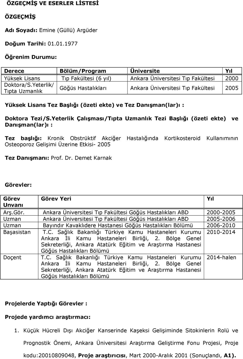 Yeterlik/ Tıpta Uzmanlık Göğüs Hastalıkları Ankara Üniversitesi Tıp Fakültesi 2005 Yüksek Lisans Tez Başlığı (özeti ekte) ve Tez Danışman(lar)ı : Doktora Tezi/S.