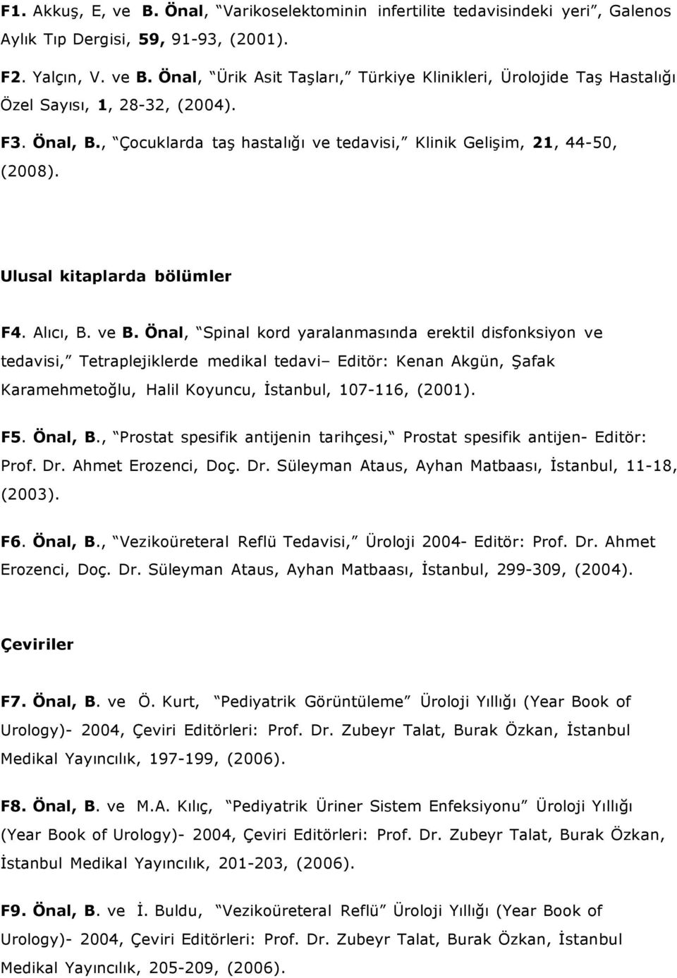 Önal, Spinal kord yaralanmasında erektil disfonksiyon ve tedavisi, Tetraplejiklerde medikal tedavi Editör: Kenan Akgün, Şafak Karamehmetoğlu, Halil Koyuncu, İstanbul, 107-116, (2001). F5. Önal, B.