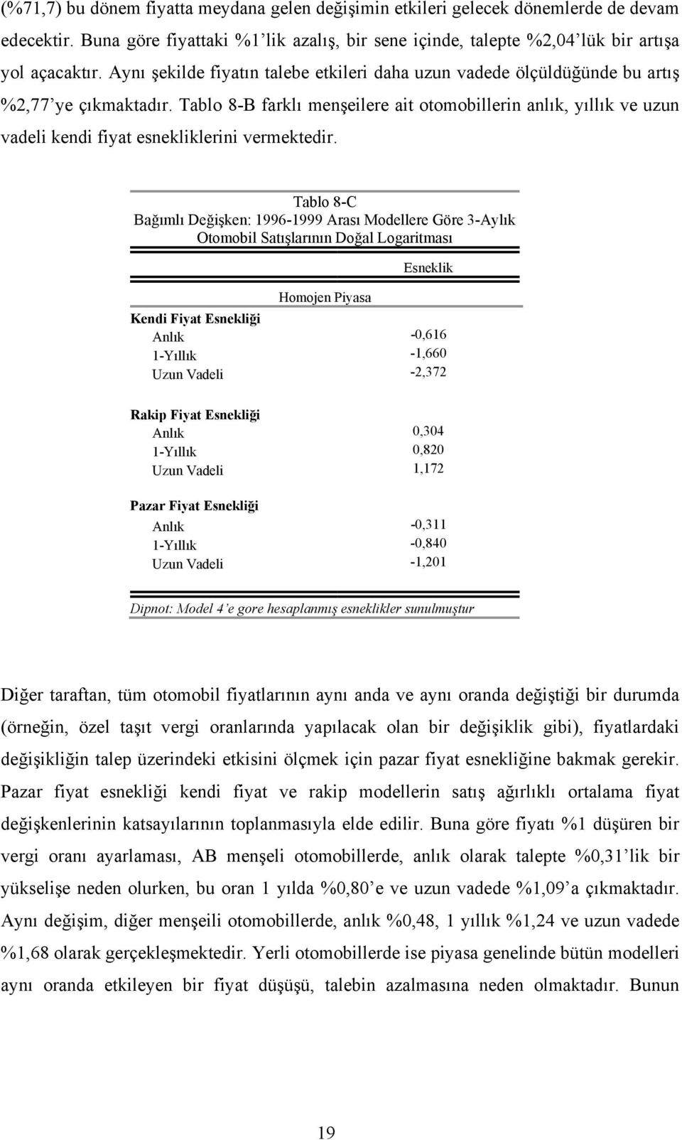 Tablo 8-B farklı menşeilere ait otomobillerin anlık, yıllık ve uzun vadeli kendi fiyat esnekliklerini vermektedir.