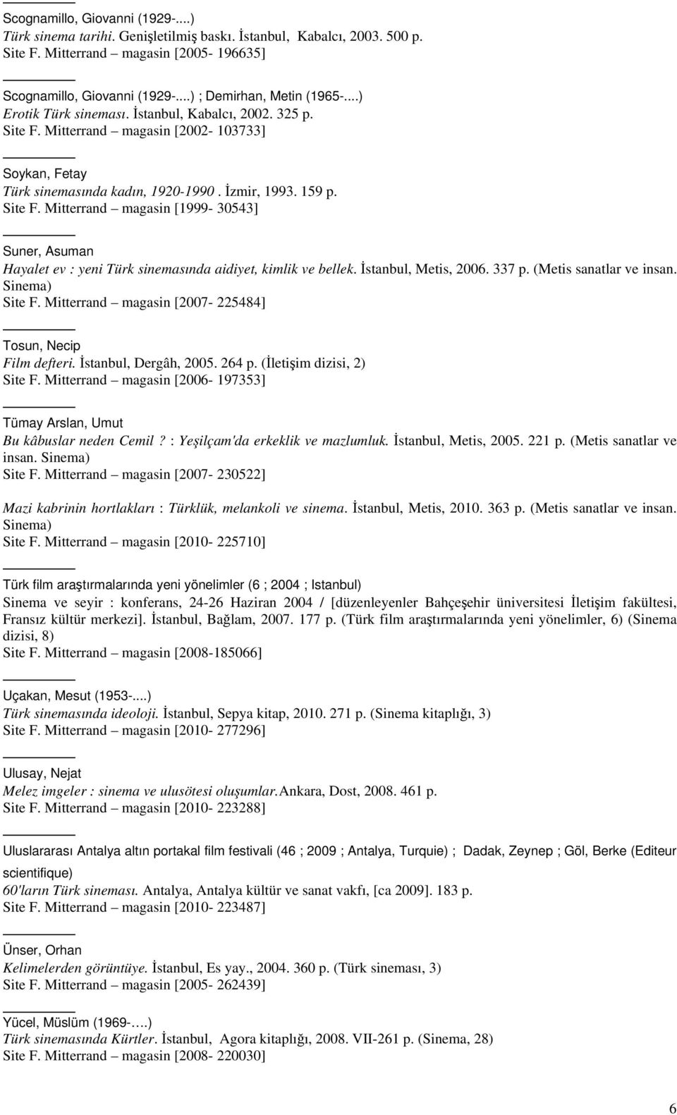 Site F. Mitterrand magasin [1999-30543] Suner, Asuman Hayalet ev : yeni Türk sinemasında aidiyet, kimlik ve bellek. İstanbul, Metis, 2006. 337 p. (Metis sanatlar ve insan. Sinema) Site F.