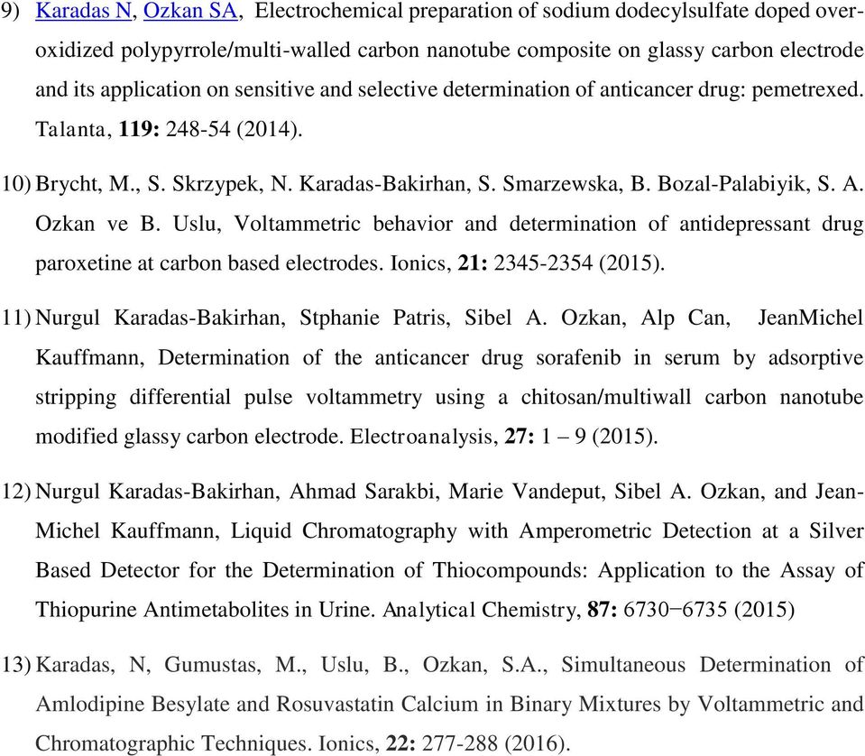 Ozkan ve B. Uslu, Voltammetric behavior and determination of antidepressant drug paroxetine at carbon based electrodes. Ionics, 21: 2345-2354 (2015).