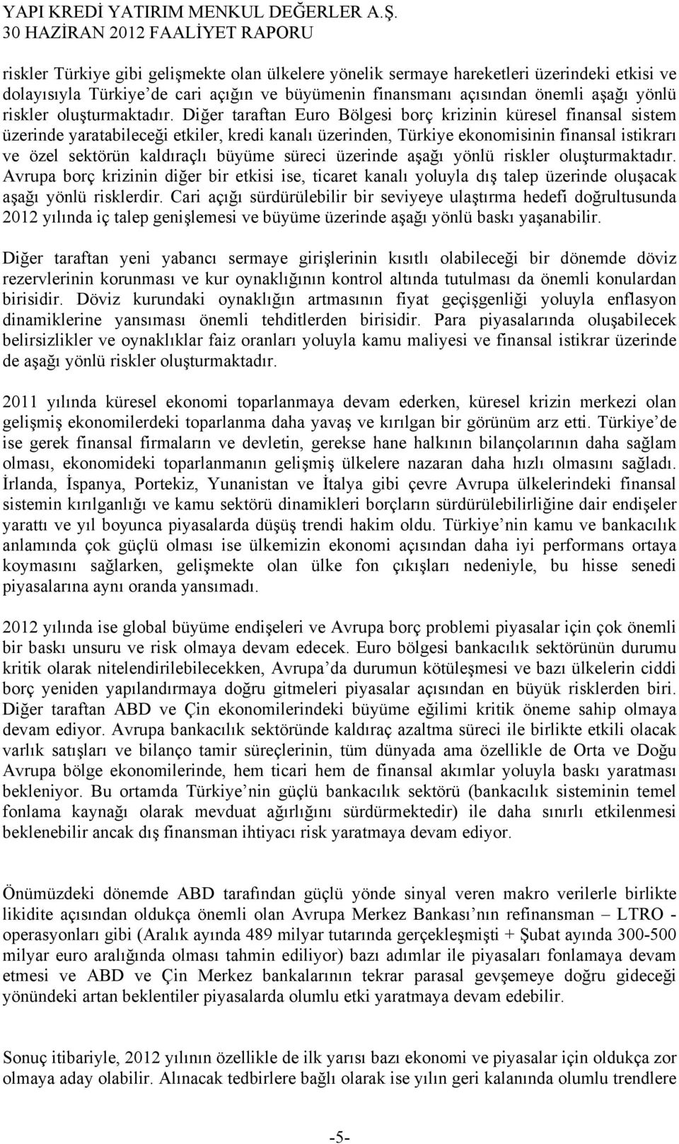 Diğer taraftan Euro Bölgesi borç krizinin küresel finansal sistem üzerinde yaratabileceği etkiler, kredi kanalı üzerinden, Türkiye ekonomisinin finansal istikrarı ve özel sektörün kaldıraçlı büyüme