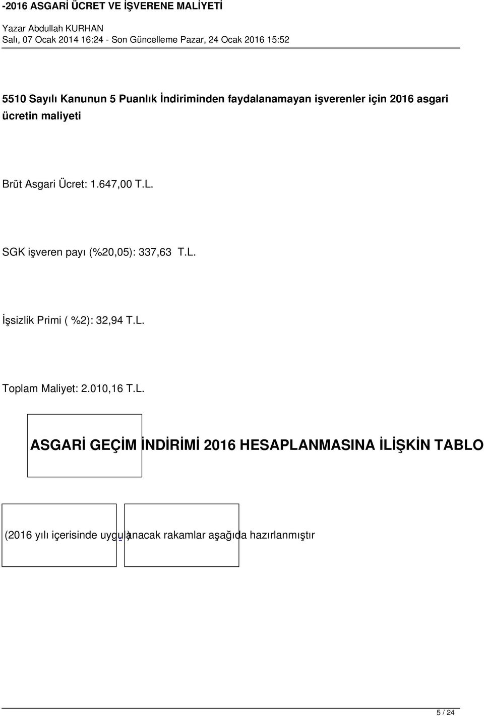 L. Toplam Maliyet: 2.010,16 T.L. ASGARİ GEÇİM İNDİRİMİ 2016 HESAPLANMASINA İLİŞKİN TABLO (2016 yılı içerisinde uygulanacak.