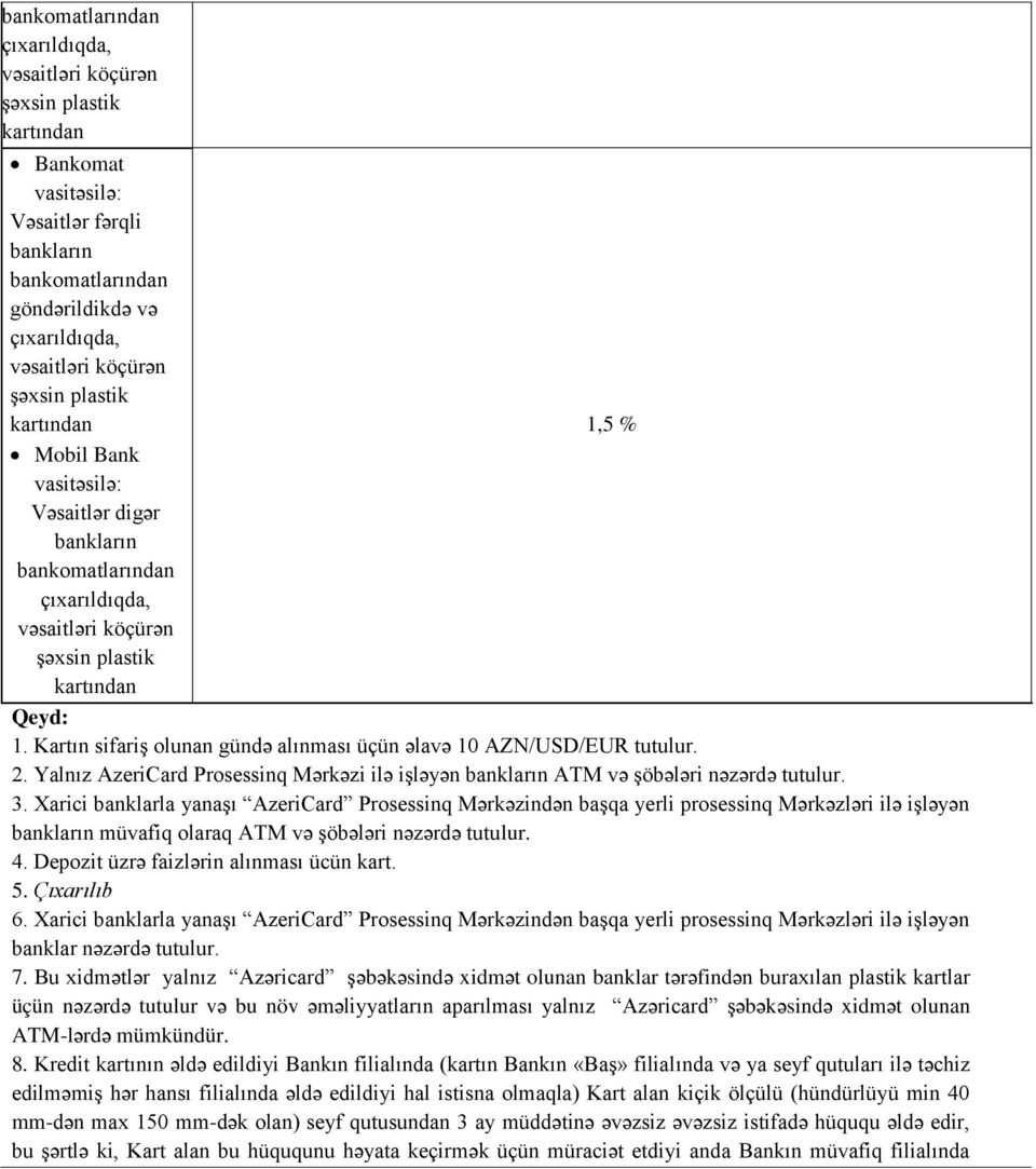 Kartın sifariş olunan gündə alınması üçün əlavə 10 tutulur. 2. Yalnız AzeriCard Prosessinq Mərkəzi ilə işləyən bankların ATM və şöbələri nəzərdə tutulur. 3.
