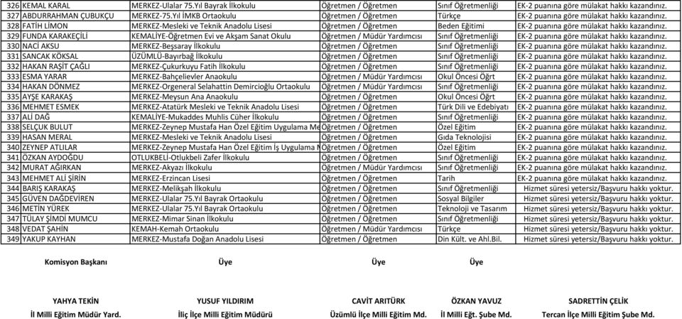 328 FATİH LİMON MERKEZ Mesleki ve Teknik Anadolu Lisesi Öğretmen / Öğretmen Beden Eğitimi EK 2 puanına göre mülakat hakkı kazandınız.