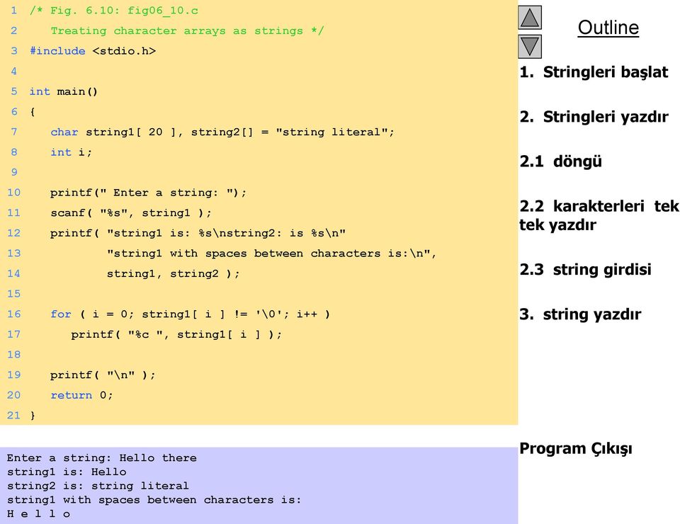 "string1 with spaces between characters is:\n", 14 string1, string2 ); 15 16 for ( i = 0; string1[ i ]!