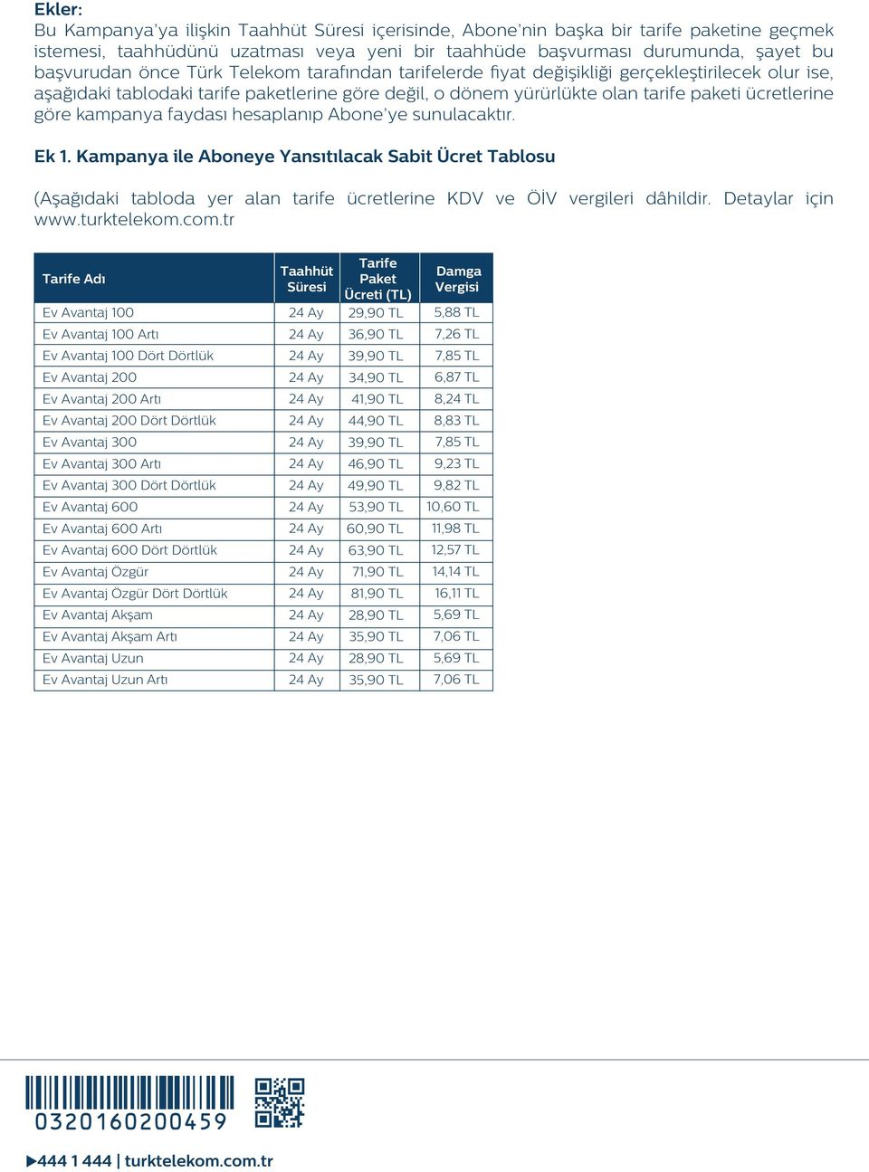 faydası hesaplanıp Abone ye sunulacaktır. Ek 1. Kampanya ile Aboneye Yansıtılacak Sabit Ücret Tablosu (Aşağıdaki tabloda yer alan tarife ücretlerine KDV ve ÖİV vergileri dâhildir. Detaylar için www.
