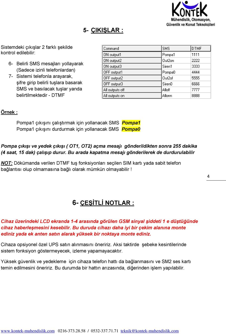 çıkışı ( OT1, OT2) açma mesajı gönderildikten sonra 255 dakika (4 saat, 15 dak) çalışıp durur.